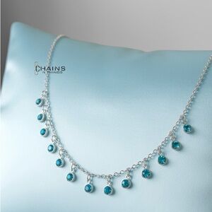 Elegant blue rhinestone silver plated over stainless steel dangling necklace 17"